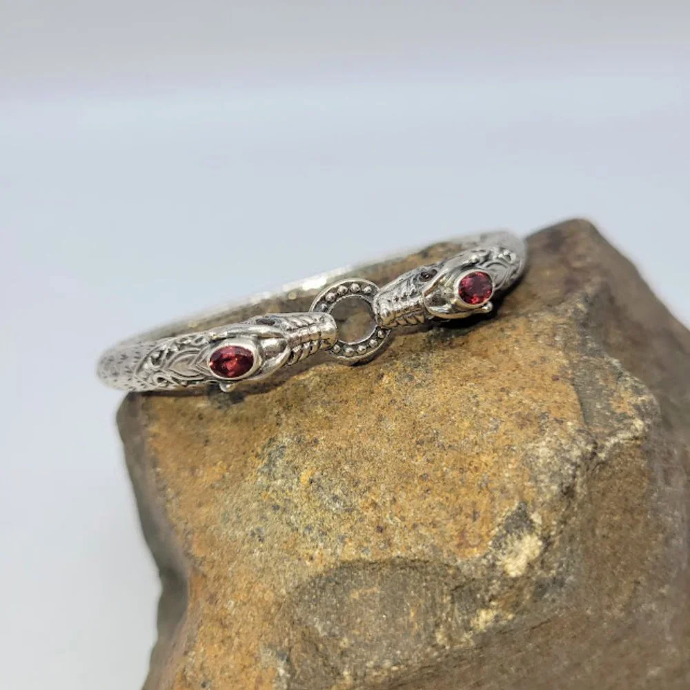 Sterling Silver Dragon Head Bangle Bracelet - Silver